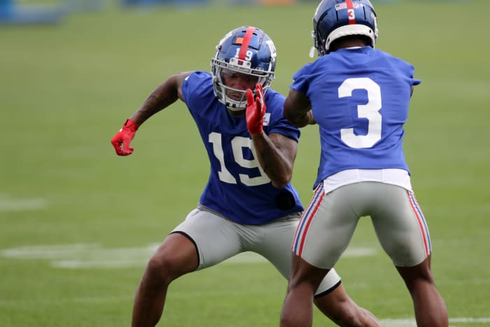 Wide receiver Kenny Golladay (19) and Sterling Shepard, work on drills during Giants practice, in East Rutherford. Thursday, July 29, 2021