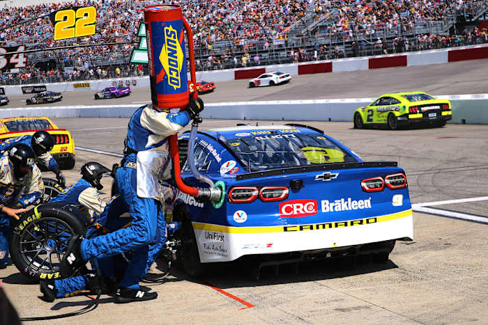 Chase Elliott, driver of the No. 9 Hendrick Motorsports Chevrolet Camaro ZL1, stops for tires and fuel to try and improve his place in the field. He eventually finished fifth in Sunday's Federated Auto Parts 400 at Richmond Raceway in Richmond, Virginia. (Photo by Andrew Coppley/HHP for Chevy Racing)