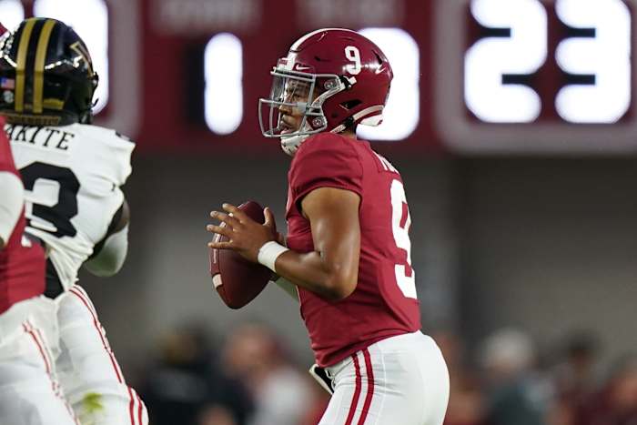 Alabama Crimson Tide quarterback Bryce Young (9) looks to pass against Vanderbilt Commodores during the first half at Bryant-Denny Stadium.