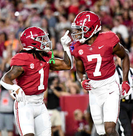 Alabama Crimson Tide running back Jahmyr Gibbs (1) and wide receiver Ja'Corey Brooks (7) celebrates after a touchdown against the Vanderbilt Commodores at Bryant-Denny Stadium.