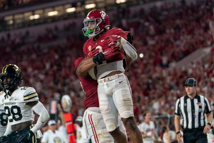 Alabama Crimson Tide running back Jase McClellan (2) celebrates after scoring a touchdown against Vanderbilt Commodores during the second half at Bryant-Denny Stadium.