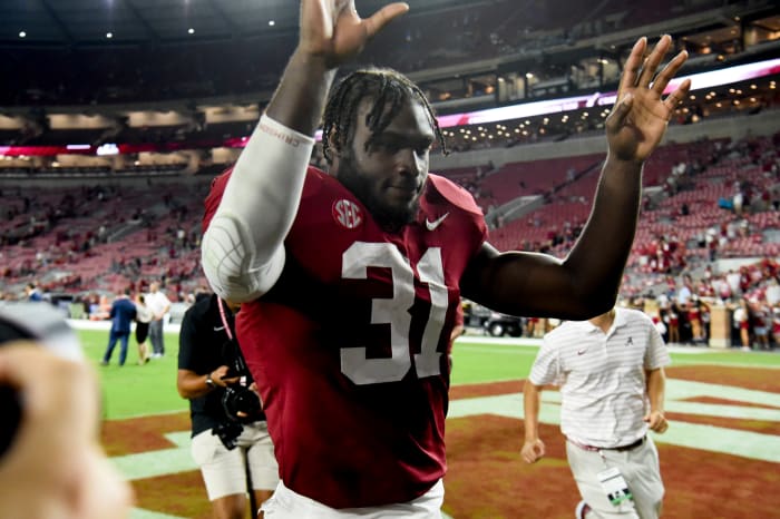 Alabama Crimson Tide linebacker Will Anderson Jr. (31) leaves the field after defeating the Vanderbilt Commodores at Bryant-Denny Stadium. Alabama won 55-3.