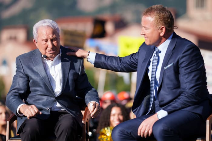 Lee Corso and Kirk Herbstreit on the set of ESPN College GameDay prior to the game between the Colorado Buffaloes and the Colorado State Rams at Folsom Field