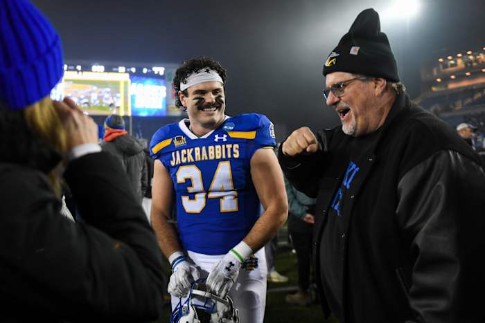 SDSU s fullback Michael Morgan (34) celebrates the win against UAlbany during the FCS semifinals on Friday, Dec. 15, 2023 at Dana J. Dykhouse in Brookings.