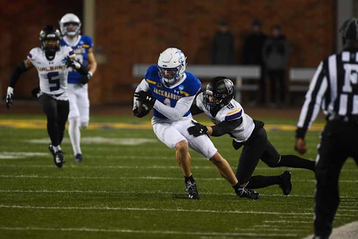 SDSU's wide receiver Jadon Janke (1) runs with the ball during the second quarter while playing against University of Albany on Friday, Dec. 15, 2023 at Dana J. Dykhouse in Brookings.