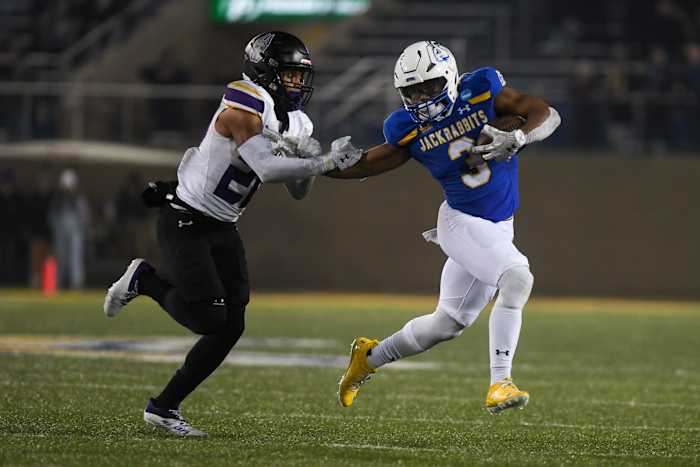 SDSU's running back Amar Johnson (3) runs with the ball on Friday, Dec. 15, 2023 at Dana J. Dykhouse in Brookings.