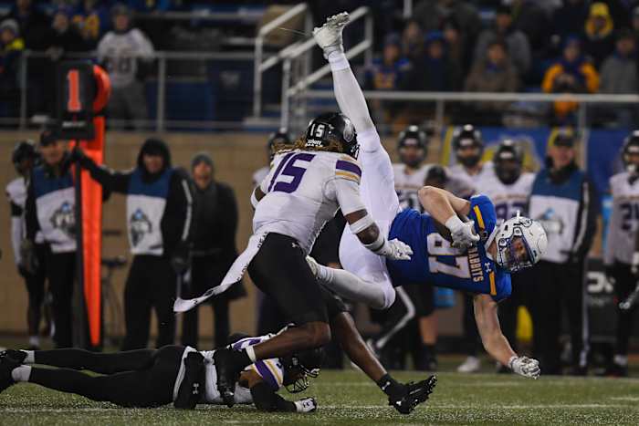 SDSU's tight end Zach Heins (87) runs with the ball during the second quarter while playing against University of Albany on Friday, Dec. 15, 2023 at Dana J. Dykhouse in Brookings.