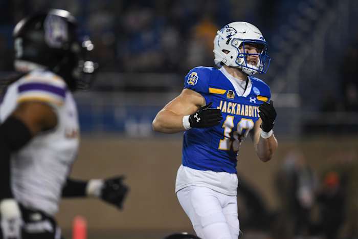 SDSU's wide receiver Jaxon Janke (10) misses the pass on Friday, Dec. 15, 2023 at Dana J. Dykhouse in Brookings.