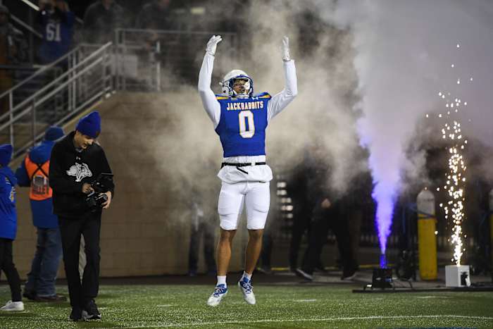 SDSU's linebacker Dalton Mcgaughy (0) jumps before the FCS semifinals on Friday, Dec. 15, 2023 at Dana J. Dykhouse in Brookings.