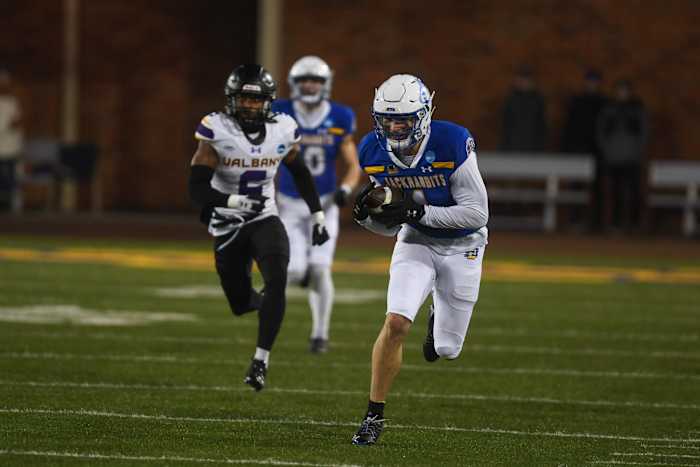 SDSU's wide receiver Jadon Janke (1) runs with the ball during the second quarter while playing against University of Albany on Friday, Dec. 15, 2023 at Dana J. Dykhouse in Brookings.