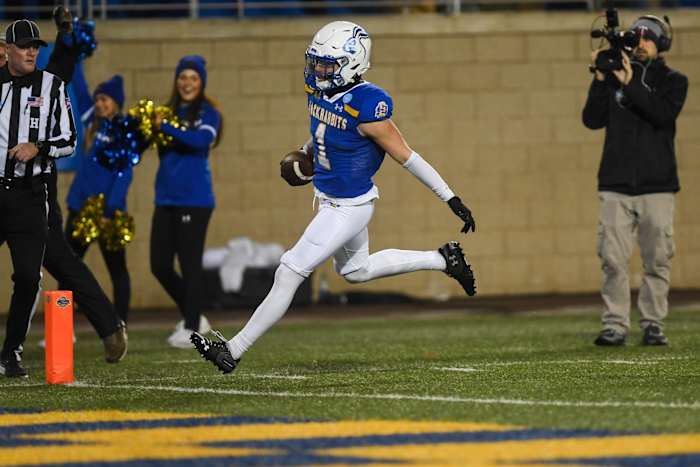 SDSU's wide receiver Jadon Janke (1) scores the touchdown during the second quarter while playing against University of Albany on Friday, Dec. 15, 2023 at Dana J. Dykhouse in Brookings.