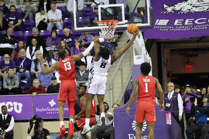 Ernest Udeh Jr. (8) led the Frogs with nine rebounds in Saturday's victory over the No. 2 Houston Cougars.