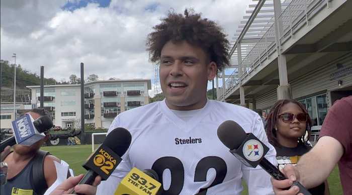 Connor Heyward speaks with media after practice.