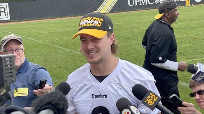 Kenny Pickett speaks with media after practice.