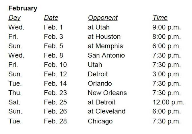 Toronto Raptors schedule for February 2023