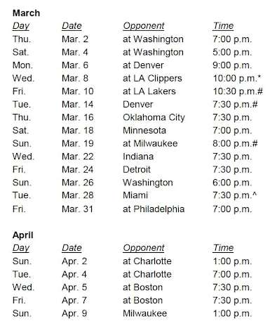 Toronto Raptors schedule for March and April 2023