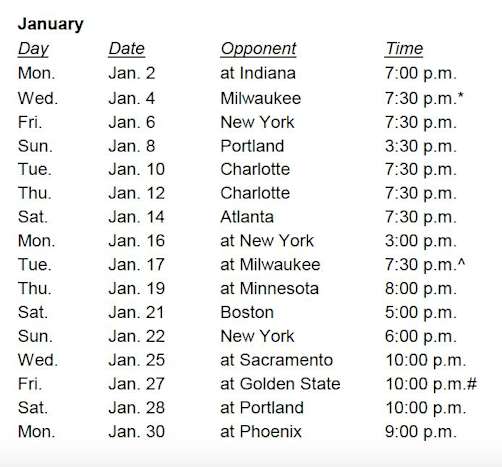 Toronto Raptors schedule for January 2023