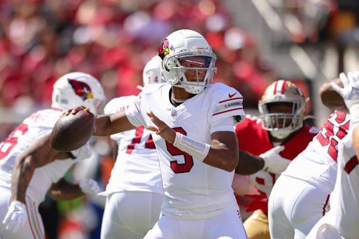 Arizona Cardinals quarterback Joshua Dobbs (9) drops back to pass during the first quarter against the San Francisco 49ers at Levi's Stadium