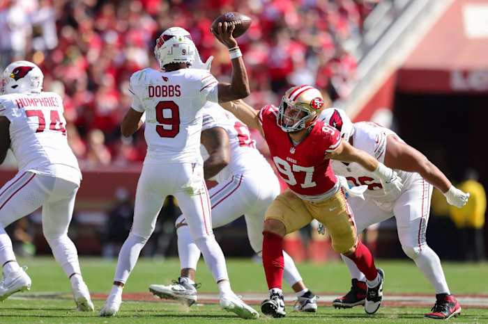 San Francisco 49ers defensive end Nick Bosa (97) rushes Arizona Cardinals quarterback Joshua Dobbs (9) during the second quarter at Levi's Stadium.