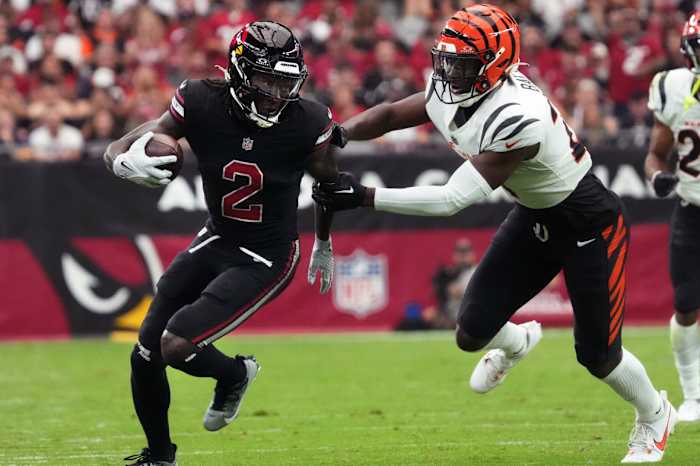 Arizona Cardinals receiver Marquise Brown (2) runs against Cincinnati Bengals safety Jordan Battle (27) at State Farm Stadium.