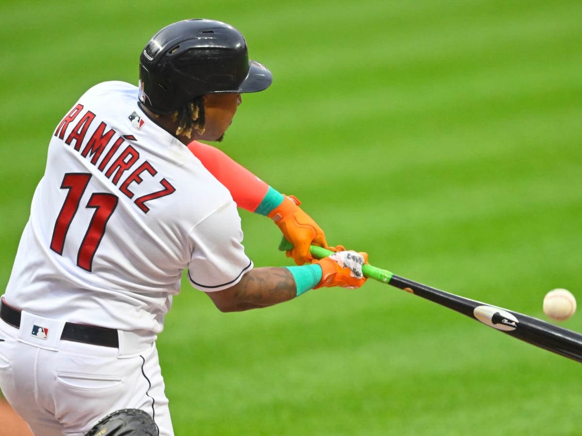 Cleveland, United States. 26th June, 2022. CLEVELAND, OH - JUNE 26:  Cleveland Guardians third baseman Jose Ramirez (11) singles to center field  in the third inning against the Boston Red Sox at