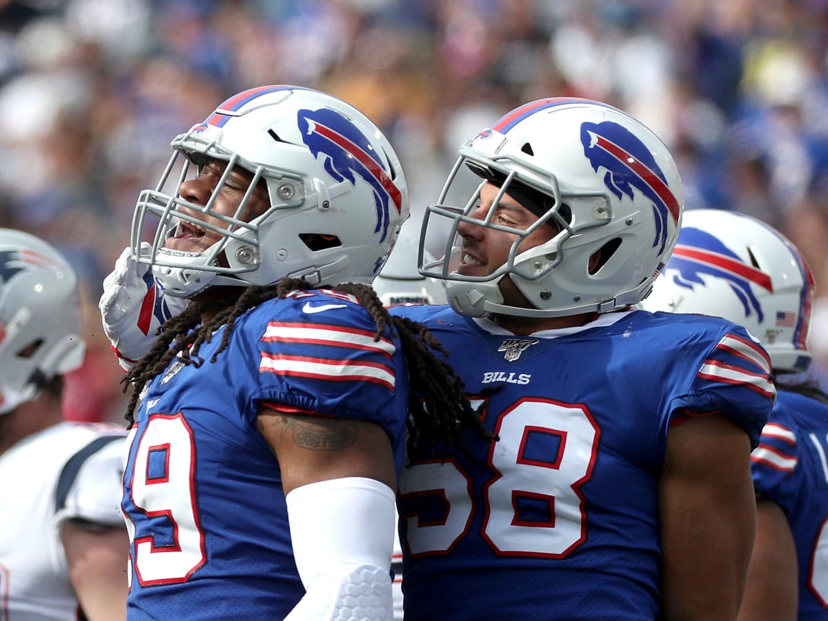 Buffalo Bills linebacker Tremaine Edmunds (49) drops back during the first  half of an NFL football game against the New England Patriots on Sunday,  Jan. 8, 2023, in Orchard Park, N.Y. (AP