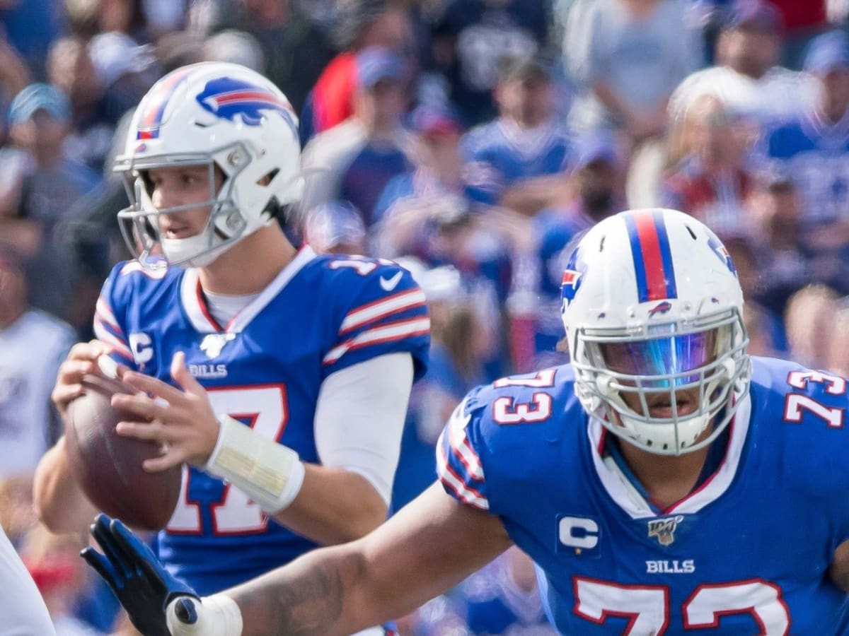 Buffalo Bills offensive tackle Dion Dawkins (73) greets fans after