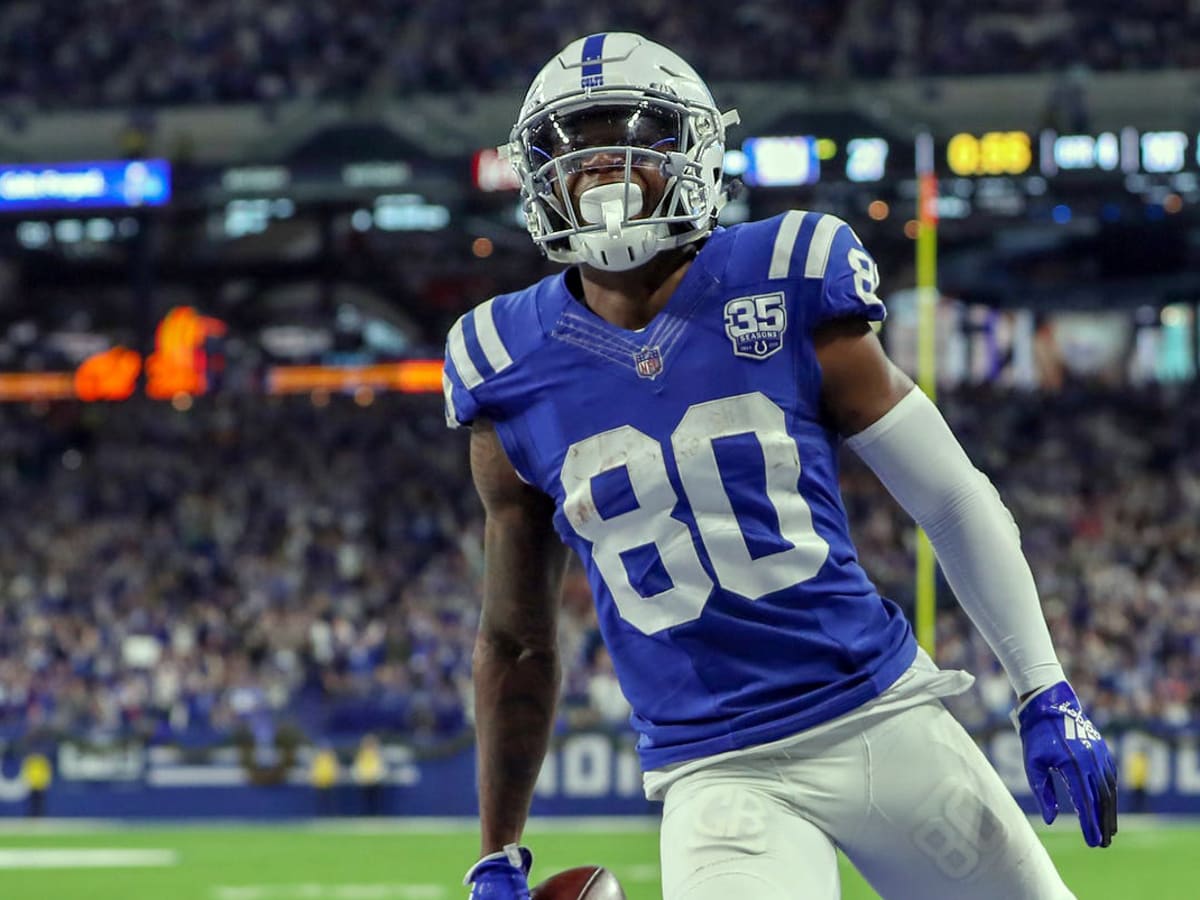 Indianapolis, USA. 17 August 2019. Indianapolis Colts wide receiver Chester  Rogers (80) runs with the ball during NFL football preseason game action  between the Cleveland Browns and the Indianapolis Colts at Lucas