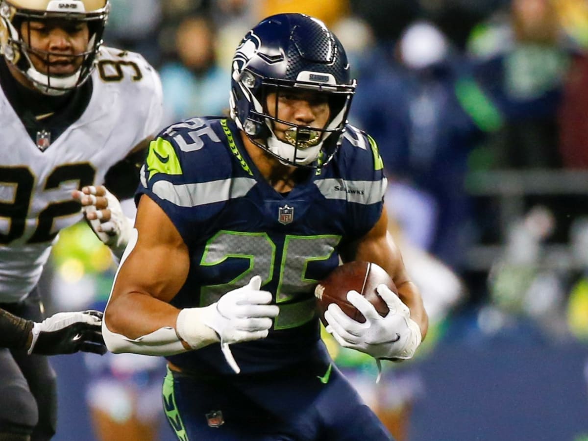 Seattle Seahawks running back Travis Homer is pictured before an