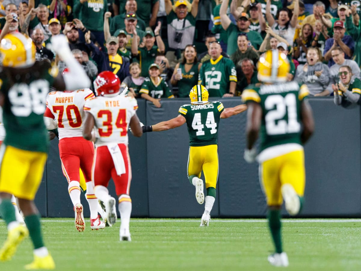 Green Bay Packers cornerback Kiondre Thomas (43) gets set on defense during  an NFL pre-season football game against the Kansas City Chiefs Thursday,  Aug. 25, 2022, in Kansas City, Mo. (AP Photo/Peter