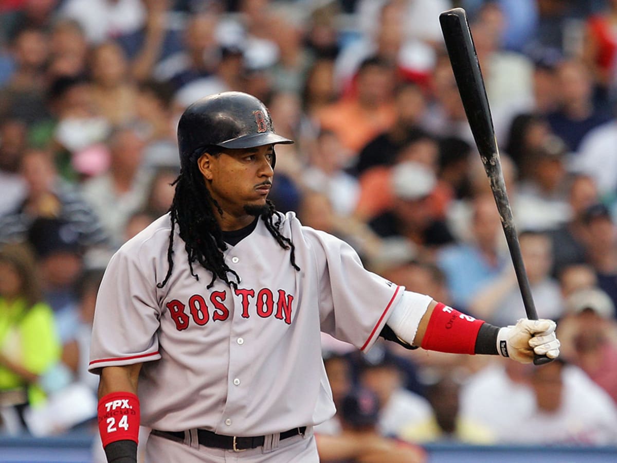 World Series, Boston Red Sox Manny Ramirez in action, at bat vs