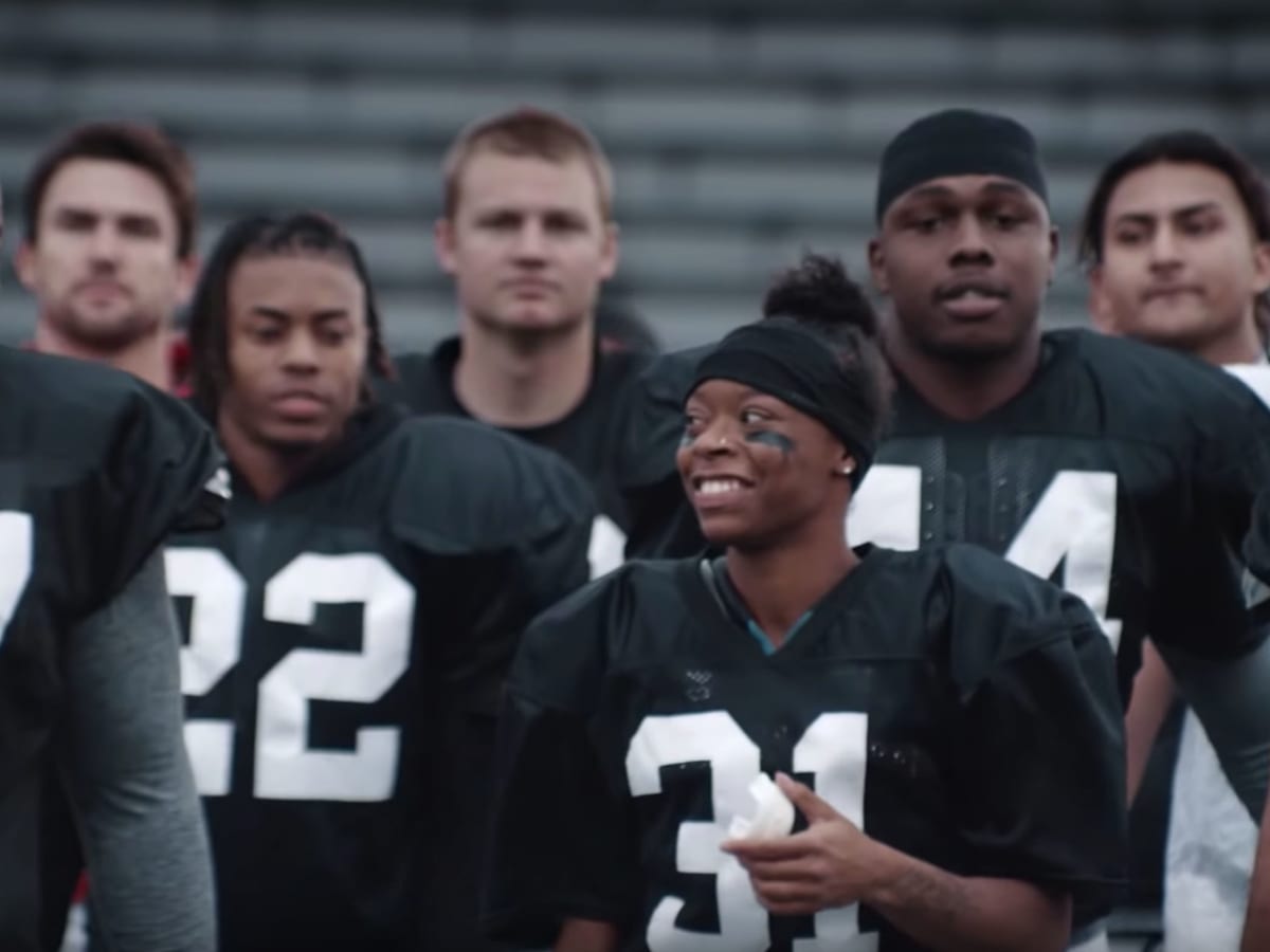 Female American Football Player in Uniform and Jersey T-shirt