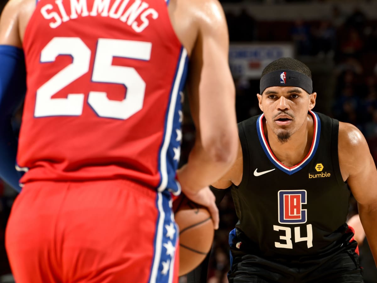 Tobias Harris and Boban Marjanovic of the LA Clippers exchange