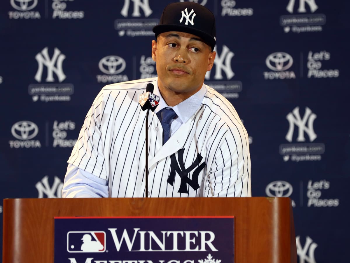 Giancarlo Stanton of the New York Yankees speaks to the media in News  Photo - Getty Images