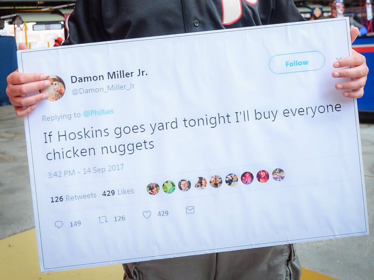 A fan might regret promising the Phillies nuggets if Rhys Hoskins homers 