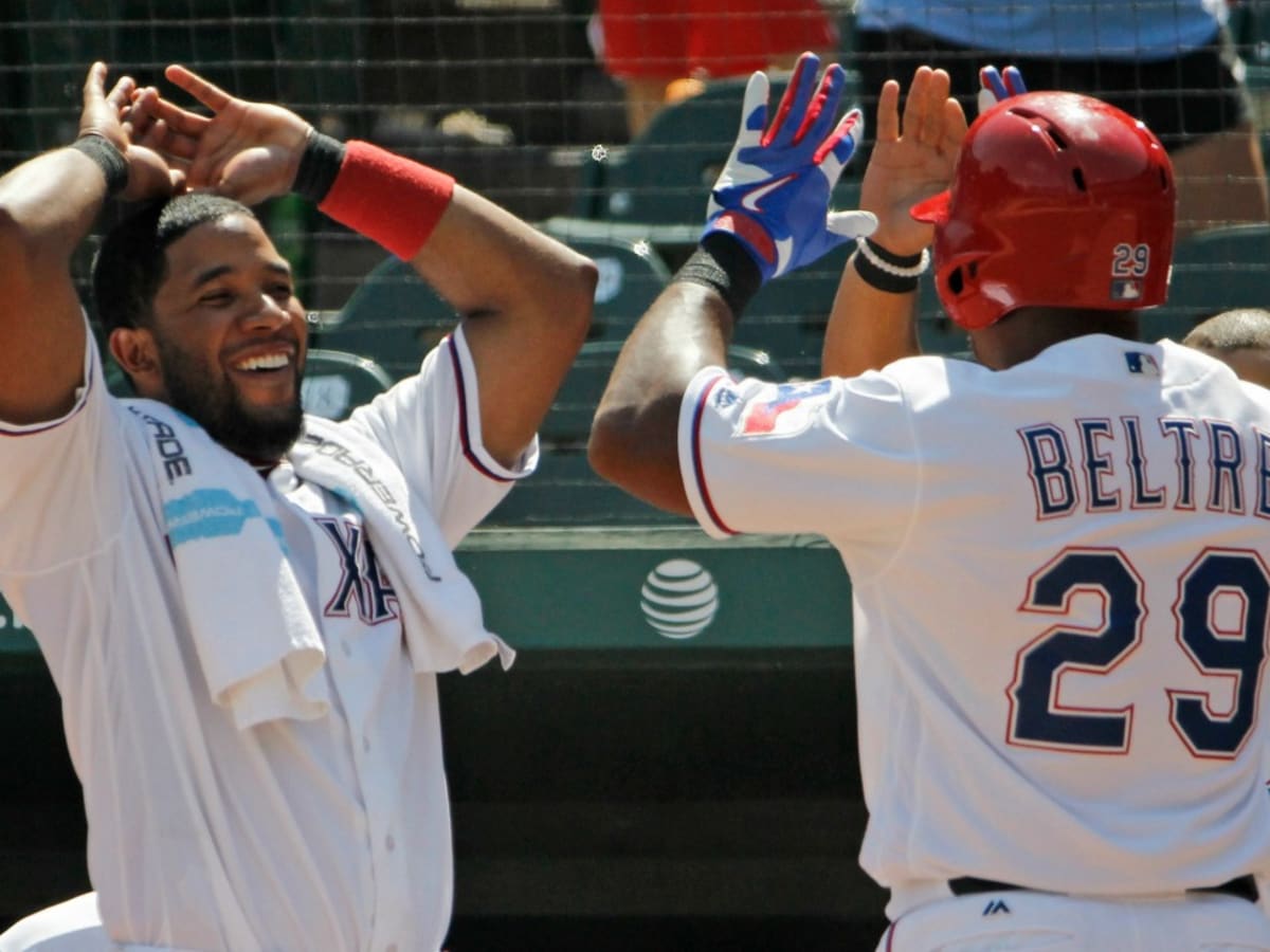 Messing with Adrian Beltre's hair! Most likely culprit - Elvis Andrus