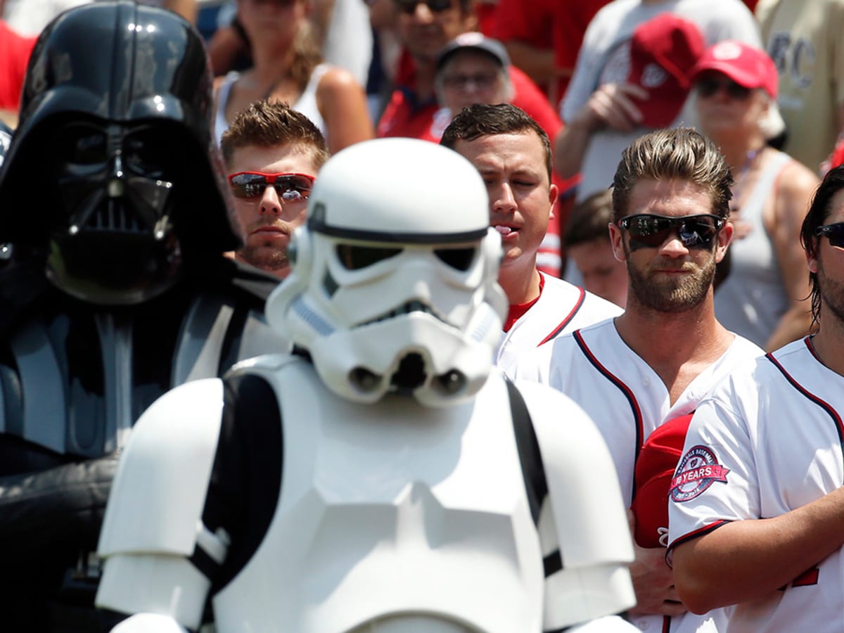 The Washington Nationals Mascots, the Racing Presidents, race dressed as  Star Wars characters on Star Wars Day during the Nationals game against the  Los Angeles Dodgers, in Washington, D.C. on July 19