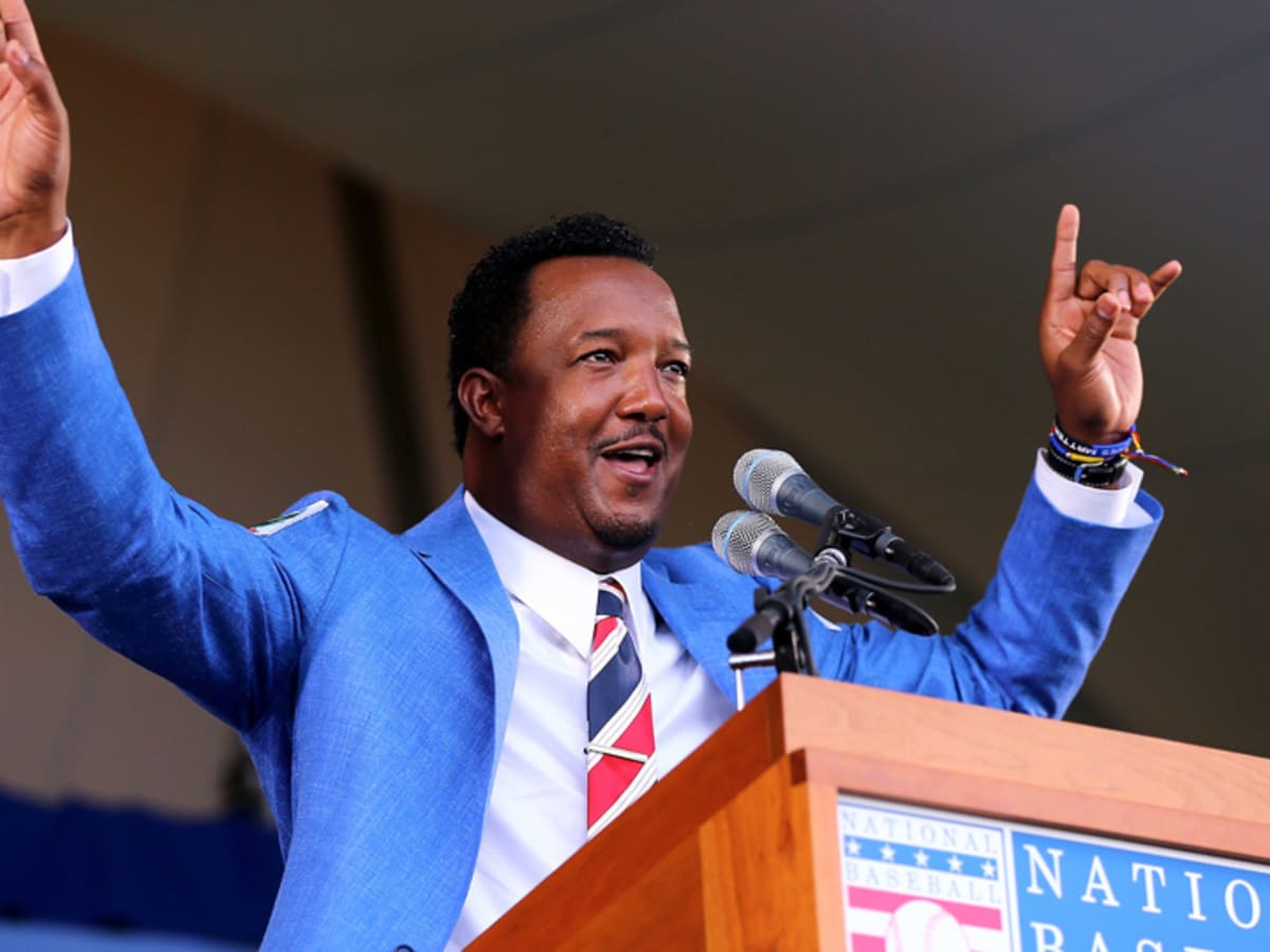 Pedro Martinez speaks during his induction into the Baseball Hall