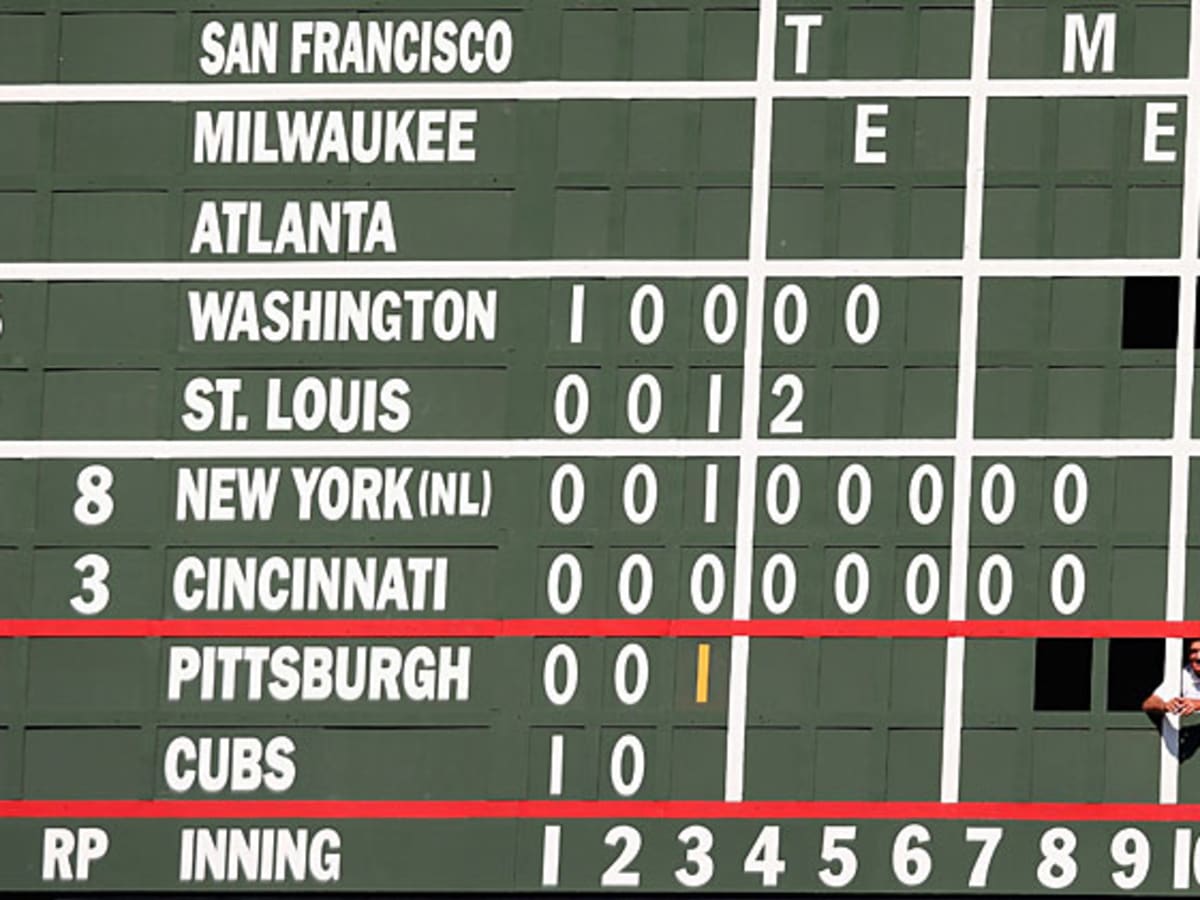 Offseason trivia. Based on the out of town scoreboard at wrigley, what year  was this picture taken? : r/baseball