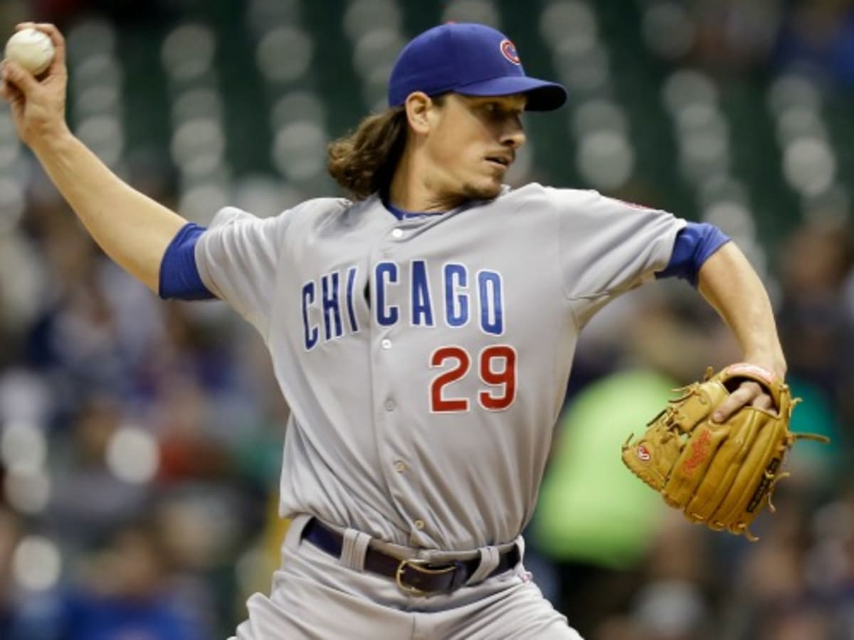 Chicago Cubs starting pitcher Jeff Samardzija delivers during the first  inning of the Wrigley Field 100th anniversary game against the Arizona  Diamondbacks at Wrigley Field on April 23, 2014 in Chicago. The