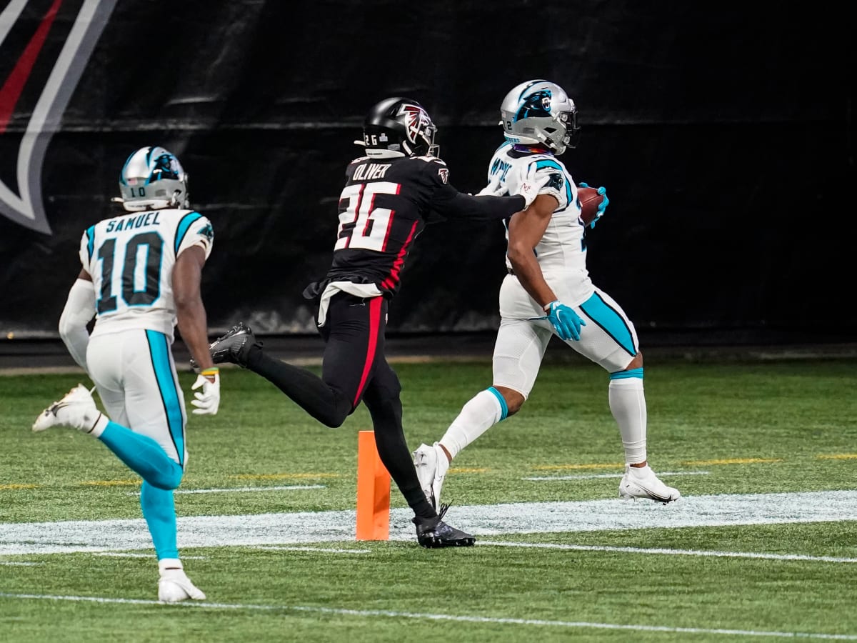 November 7, 2021: Carolina Panthers wide receiver D.J. Moore (2) celebrates  a first down catch against the New England Patriots in the third quarter of  the NFL matchup at Bank of America