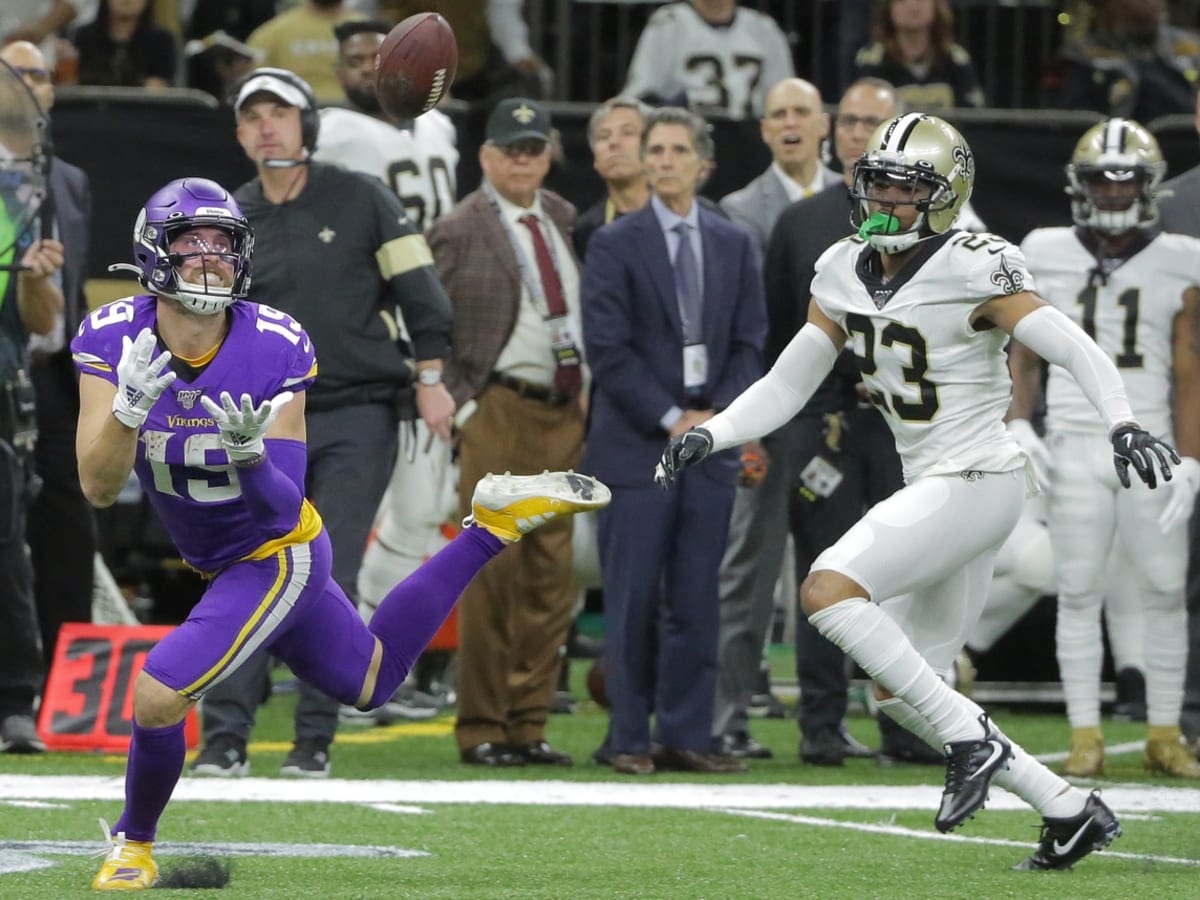 Minnesota Vikings wide receiver Stefon Diggs reacts after scoring the game  winning touchdown against the New Orleans Saints in the second half of the  NFC Divisional round playoff game at U.S. Bank