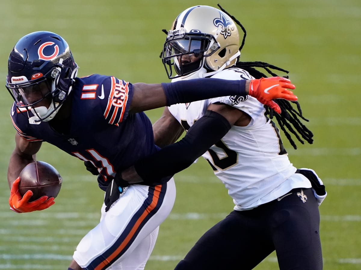 November 01, 2020: Chicago, Illinois, U.S. - Bears #11 Darnell Mooney is  tackled by Saints #20 Janoris Jenkins during the NFL Game between the New  Orleans Saints and Chicago Bears at Soldier