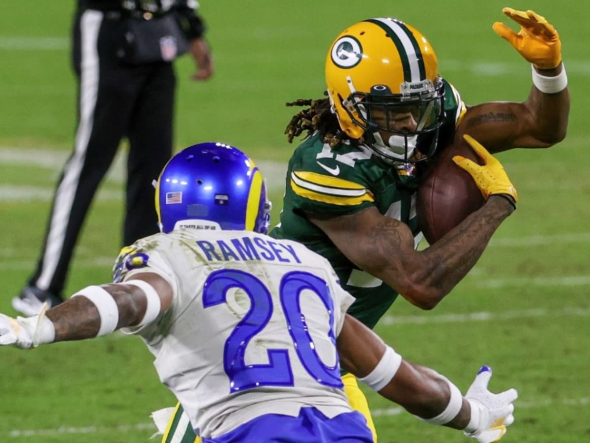 Green Bay, United States. 16th Jan, 2021. Los Angeles Rams cornerback Jalen  Ramsey (20) looks on as Green Bay Packers wide receiver Davante Adams (17)  scores a second quarter touchdown during the