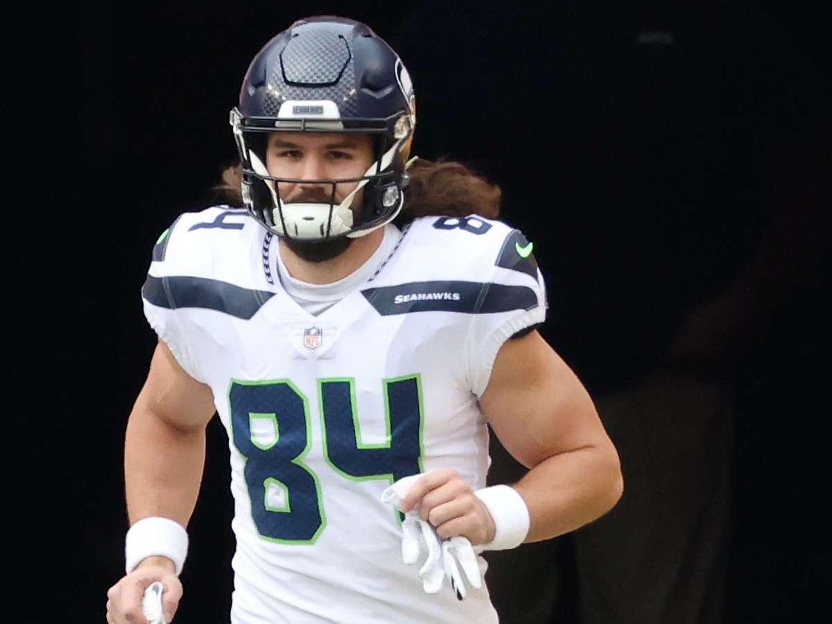 Seattle Seahawks tight end Colby Parkinson (84) stands on the field during  the first half of an NFL football game against the Los Angeles Rams,  Sunday, Jan. 8, 2023, in Seattle. (AP