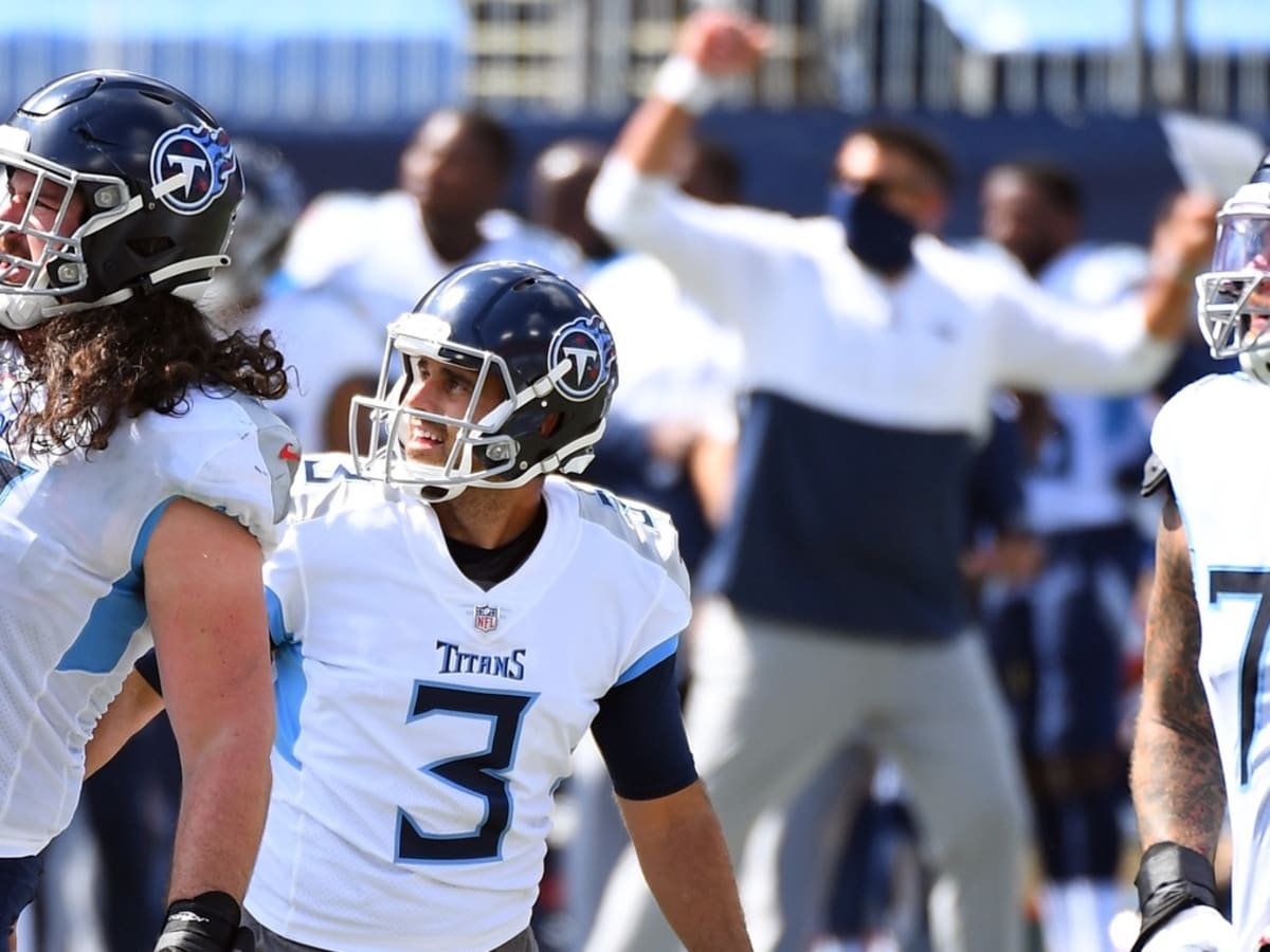 Tennessee Titans place kicker Randy Bullock (14) watches the ball after  kicking a field goal during warmups before their game against the New York  Giants Sunday, Sept. 11, 2022, in Nashville, Tenn. (