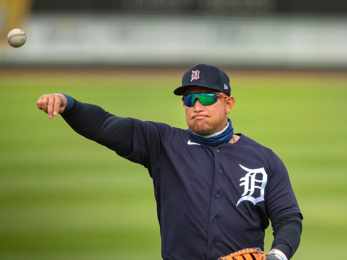 Miguel Cabrera uses his glove to lovingly inspect a fan's beard
