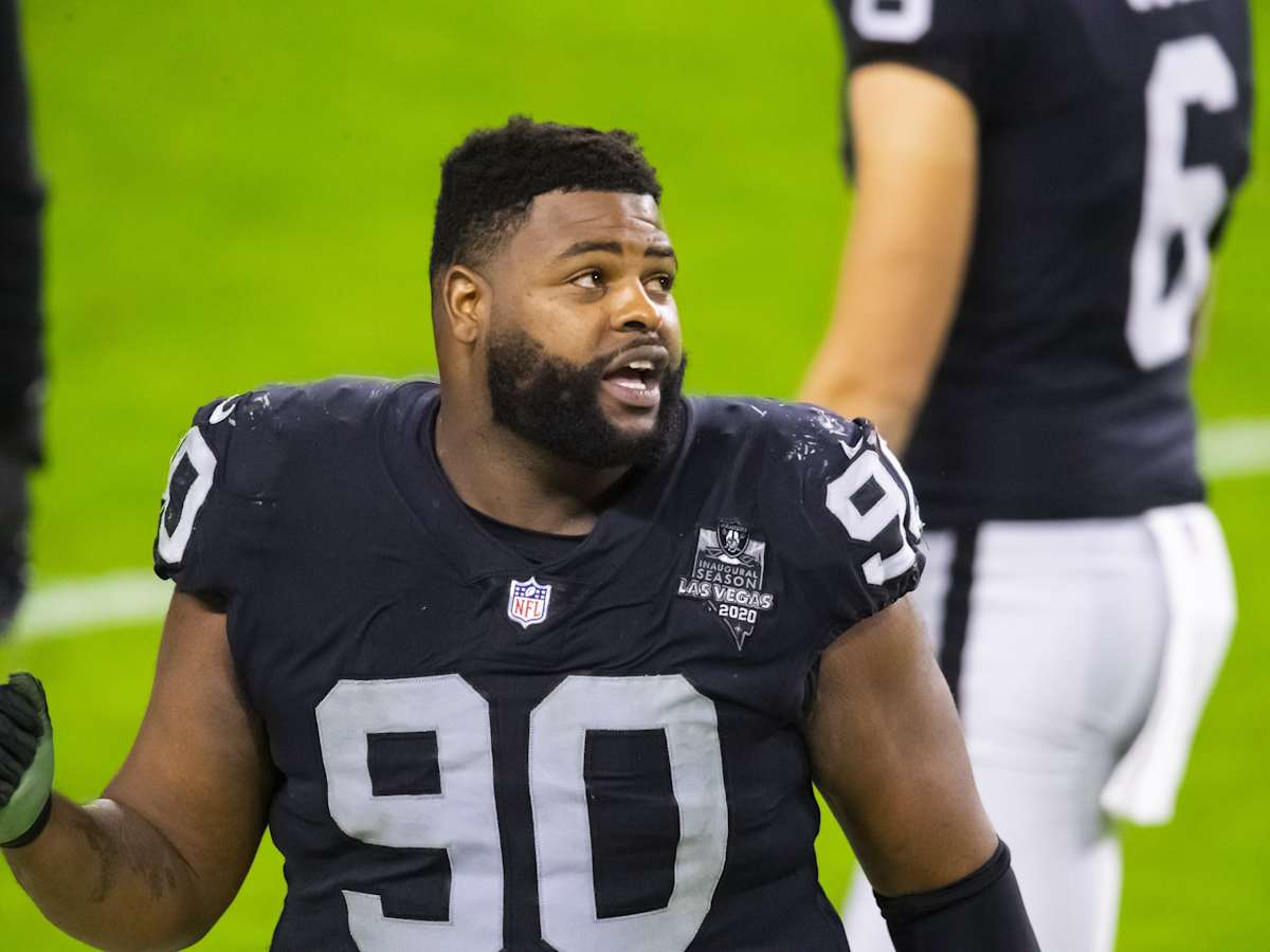 Oakland Raiders defensive tackle Johnathan Hankins (90) during NFL football  training camp Thursday, Aug. 8, 2019, in Napa, Calif. Both the Oakland  Raiders and the Los Angeles Rams held a joint practice