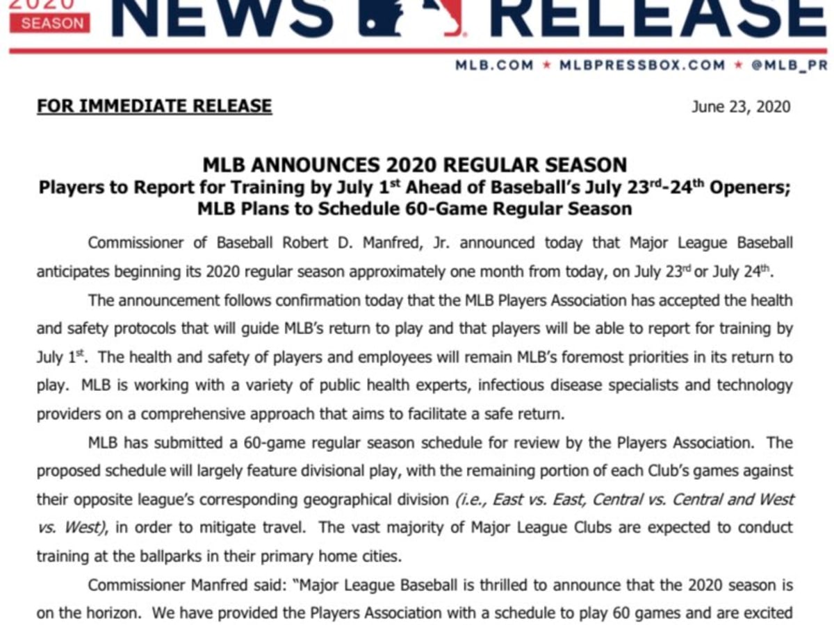 MLB announces 2020 regular season