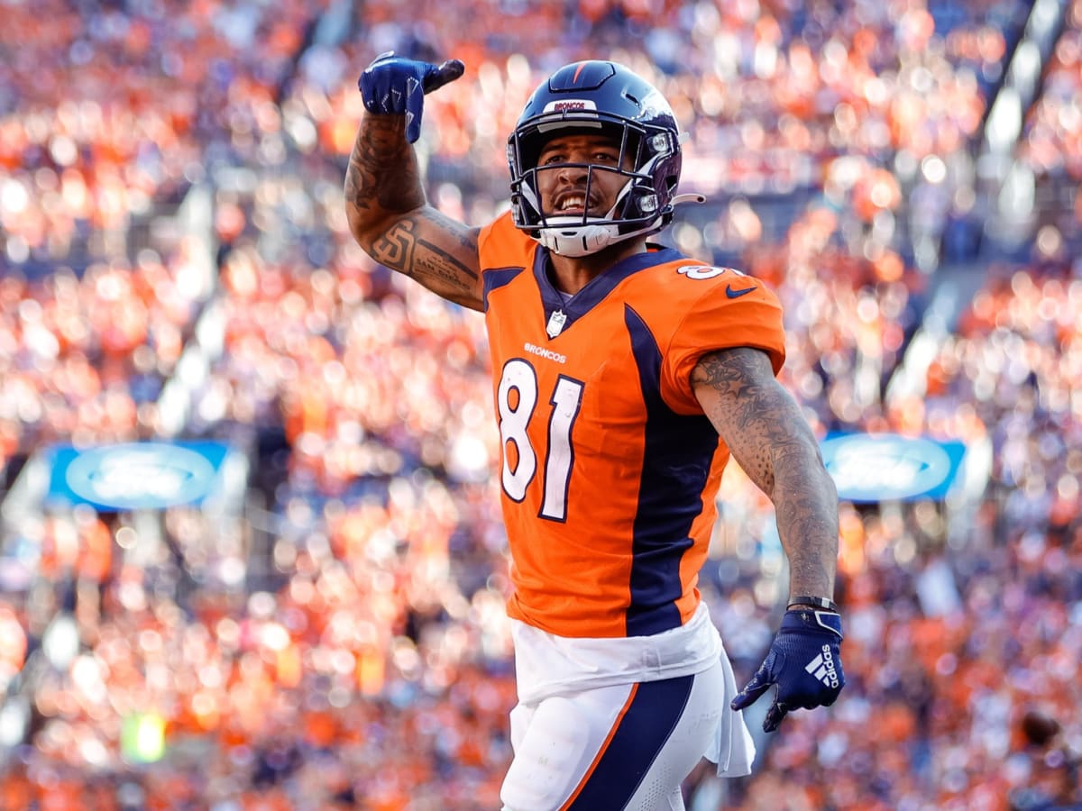 Denver Broncos wide receiver Tim Patrick (81) against the Philadelphia  Eagles during the first half of an NFL football game, Sunday, Nov. 14, 2021,  in Denver. (AP Photo/David Zalubowski Stock Photo - Alamy